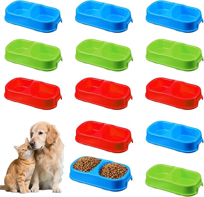 12 Pcs Plastic Double Cat Dog Food and Water Bowl Set Anti-Spill Anti-Skid Pet Feeding Dish for Cats Dogs Puppies Kennel Cattery, 3 Colors
