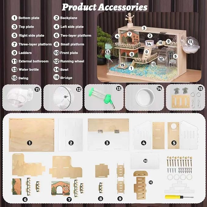11 in 1 Wooden Hamster Cage with All Accessories, 19.3" 3-Layer Dwarf Hamster Cage Acrylic,Small Animal Cages, Pastoral Style Mouse Cage for Mice, Hedgehog and Small Pets, with Stairs, Fences, Swing