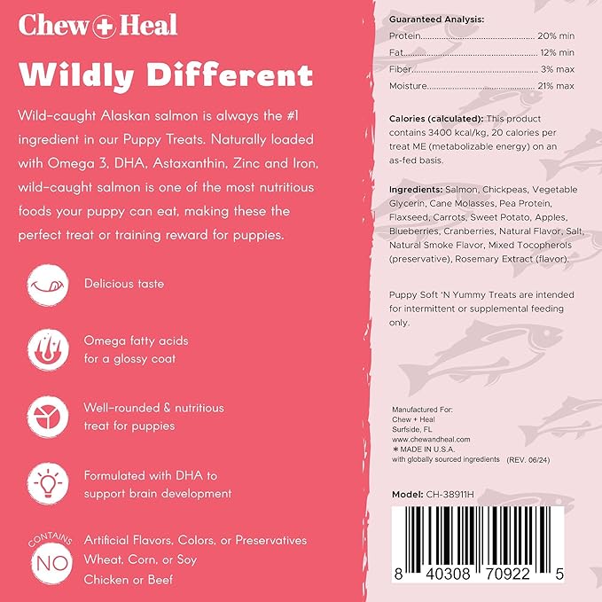 Chew + Heal Labs Dog Salmon Jerky for Puppies - 12 oz of Wild Caught Alaskan Salmon Jerky for Puppy Development with Chickpeas, Carrots, Sweet Potato, and Fruit - Made in The USA