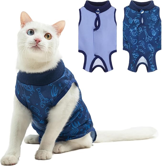 BEAUTYZOO 2 Pack Cat Recovery Suit, Cat Onesie for Cats After Surgery Female Male, Kitten Spay Neuter Surgical Recovery Body Suit Cone of Shame Alternative, Anti Lick Pet Anxiety Vest, Blue M
