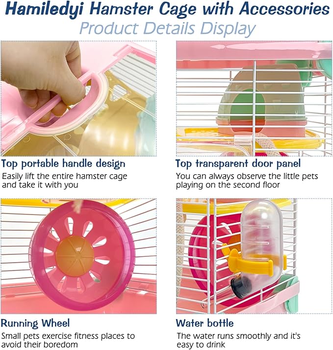 Hamiledyi Portable Hamster Cage 2 Layers Dwarf Hamster Habitat Small Animal Travel Cage with Exercise Wheel Hamster Enclosure Mouse Cage for Hamsters Mice Gerbils or Other Tiny Pets