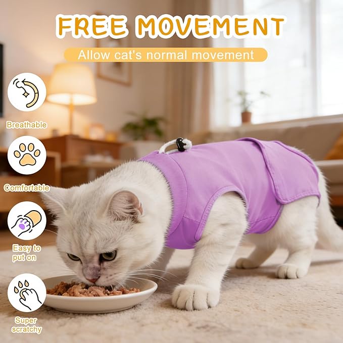 Gyuzh Cat Recovery Suit for Cats After Surgery - Breathable & Comzy Onesie with Adjustable Neck, Pull-On Design and Snap Closure, Cone Alternative for Spay Neuter, Anti-Licking Surgical Suit Purple S