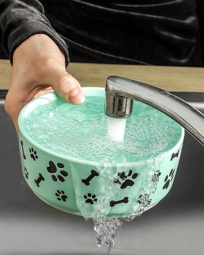 UBEE Ceramic Dog Bowl Set of 2, 5.5 inch Dog Food Bowl Dish with Bone Paw Pattern, Pet Food Water Dish Feeding Plates for Small Dogs, Puppy and Cat, Green