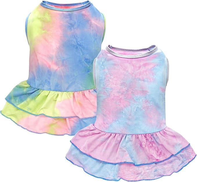 cyeollo 2 Pack Dog Dresses for Small Dogs Girl Spring Summer Dog Clothes Tie Dye Dress Breathable Puppy Cat Pet Apparel, X-Small
