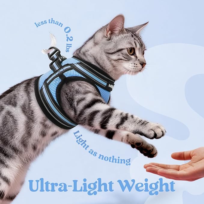 rabbitgoo Cat Harness and Leash Set for Walking Escape Proof, Adjustable Soft Kittens Vest with Reflective Strip for Cats, Comfortable Outdoor Vest, Light Blue, XL
