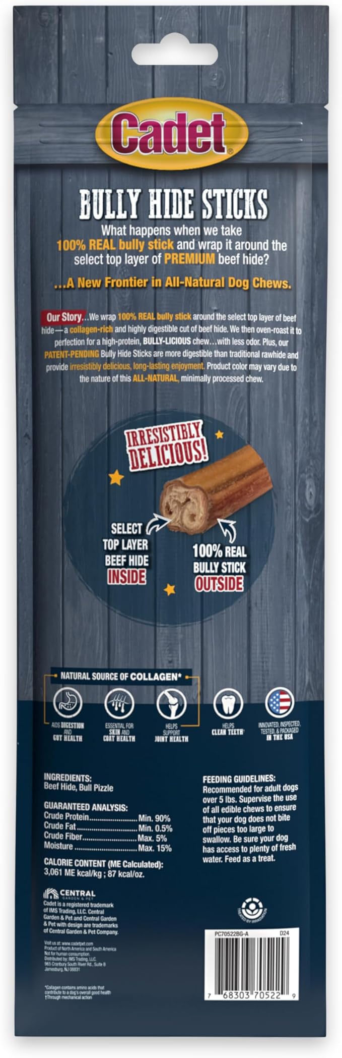 Cadet Bully Hide Sticks for Large Dogs, All-Natural Beef Pizzle, Limited-Ingredient Long-Lasting Dog Chews for Aggressive Chewers, 2 Count