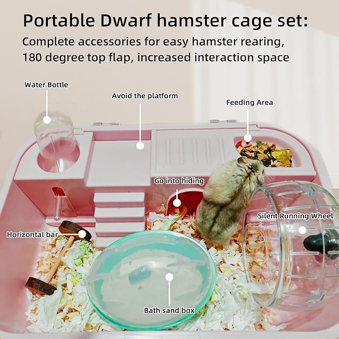 Hamiledyi Dwarf Hamster Cage Clear Plastic Small Hamster Cage Portable Carrier with Water Bottle Exercise Wheel Bathtub Box Set Toy for Dwarf Baby Hamster (Pink)