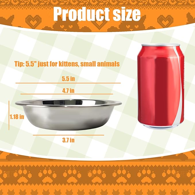 Stainless Steel Cat Bowls, Whisker Friendly Shallow Cat Food Bowls, Small Metal Pet Dish for Kittens and Indoor Cats, Basic Replacement Plates for Elevated Feeder Stands (5.5in-8Pcs)