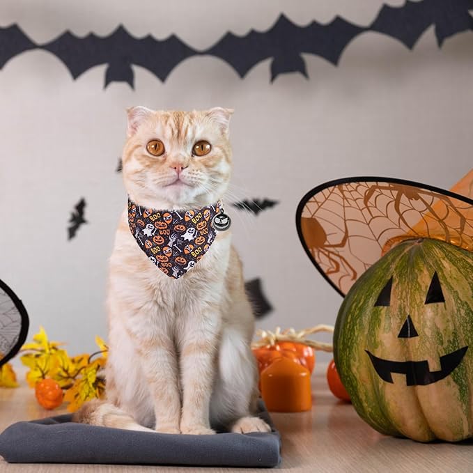 EXPAWLORER Halloween Cat Collar Breakaway with Removable Bowtie and Bandana, Adjustable Holiday Cute Kitten Collar with Pumpkin Bell, Ideal Festival Decoration Gift for Cats Puppies, 2 Pack