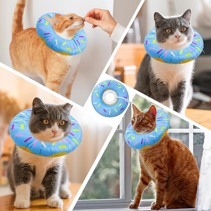 Seyezo Cat Cone Collar Soft,Adjustable Cat Recovery Collars Kitten Cones to Stop Licking, Cute Donut Neck Collar After Surgery, Elizabethan Kittens Protective Cones After Spay (Donut Blue, Large)