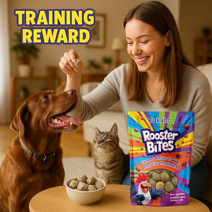 Rooster Bites Peanut Butter Beef Liver Dog Treats – Only 2 Ingredient Freeze Dried Training Treats for Dogs & Cats – High Protein, All Natural, Made in USA – Picky Eater Approved