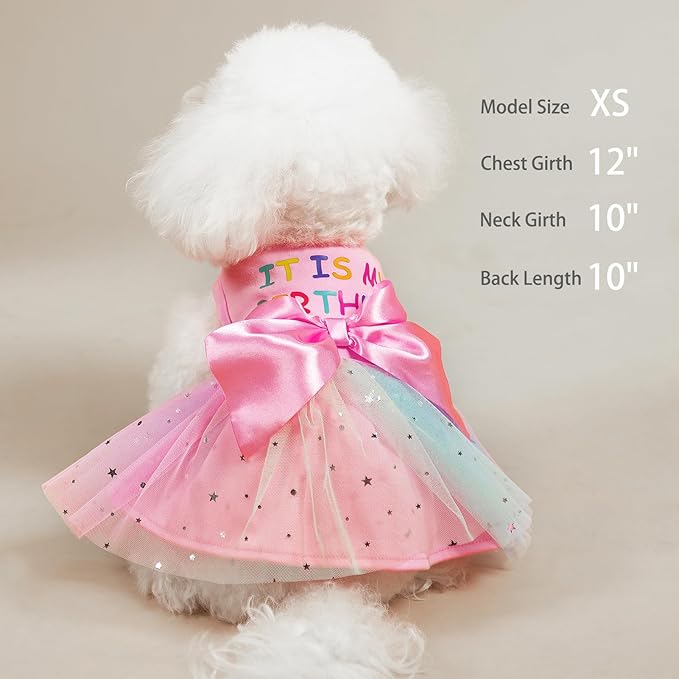 PUPTECK Print Dog Dress Pet Apparel for Birthday with Cute Bowtie Puppy Clothes Outfit, M