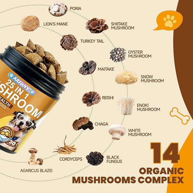 Mushroom Chews for Dogs - Turkey Tail Mushroom for Dogs Lumps & Bumps - Gut, Hip, Joint, Skin, Coat, Immune Health - 14 Organic Mushrooms Turkey Tail, Reishi, Lions Mane, Glucosamine, MSM - 160 Chews