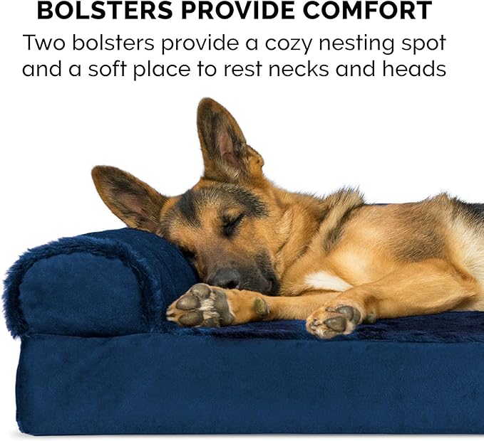 Furhaven Plush & Velvet L-Shaped Chaise Memory Foam Dog Bed - Deep Sapphire, Small