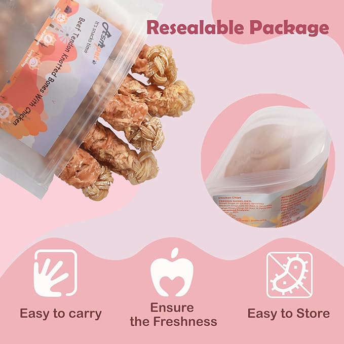 ASMPET Beef Tendon Dog Treats, Chicken Wrapped Beef Tendon Knotted Bones, Long Lasting Dog Chews Bones