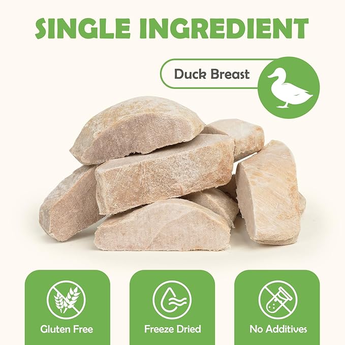 MON2SUN Freeze Dried Duck Breast Treats for Dogs & Cats - Whole Cut Chunks, Single Ingredient, High Protein, Grain Free Food Topper & Training Snacks, 4.2oz