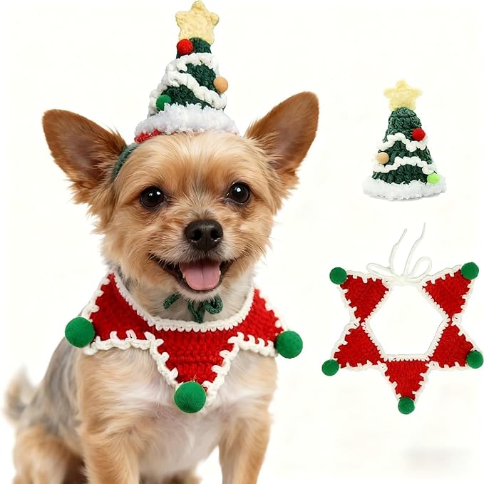 Christmas Cat Costume,Handmade Dog Outfit with Christmas Tree Cat Hat,Knitted Dog Costume,Adjustable Fit Five-Pointed Star Clothes, for Dogs,Rabbits