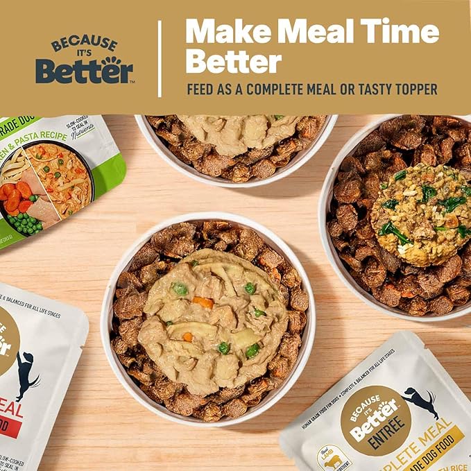 Because It's Better Entrée Complete Meal, Variety Pack, Human Grade Wet Dog Food, 10 oz Pouches, 6 Count