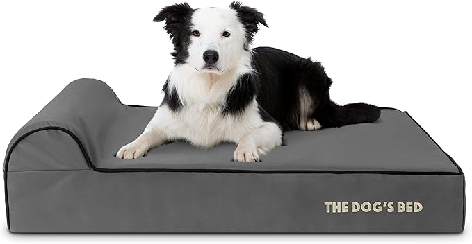 The Dog’s Bed Orthopedic Memory Foam Dog Bed with Headrest, Calming Surface – CertiPUR-Certified Foam, Oxford Fabric, Grey with Black Trim, Large, 6-Inch