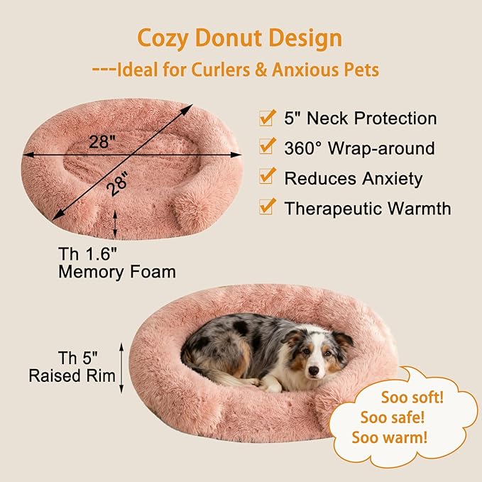 Calming Cute Dog Beds for Medium Dogs, Orthopedic Cushion Anti-Anxiety Donut Cuddler Bed, Soft Fluffy Faux Fur Plush Warming Cozy Removable Cover, Fits up to 35 lbs Pets (Round, Blush 28")