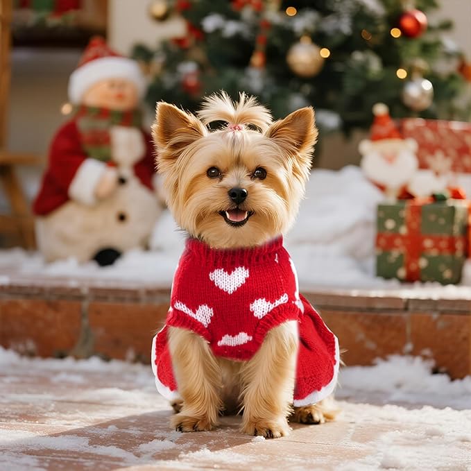 Dog Sweaters Heart Knitted Sweaters Dress Winter Coat Puppy Warm Holiday Clothes for Small Dogs Cats Christmas New Year Valentine's Day （Small, Red）
