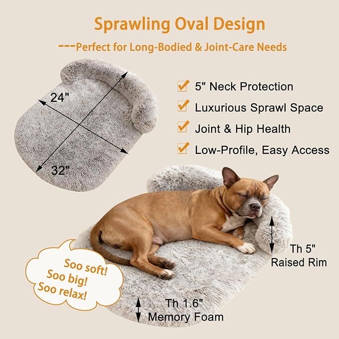 Calming Dog Beds for Medium Large Dogs, Orthopedic Cushion Plush Dogs Lounge Sofa with Washable Removable Cover, Anti-Anxiety Soft Faux Fur Fits up to 40 lbs Pets (Oval, Marble Grey 32"x24")