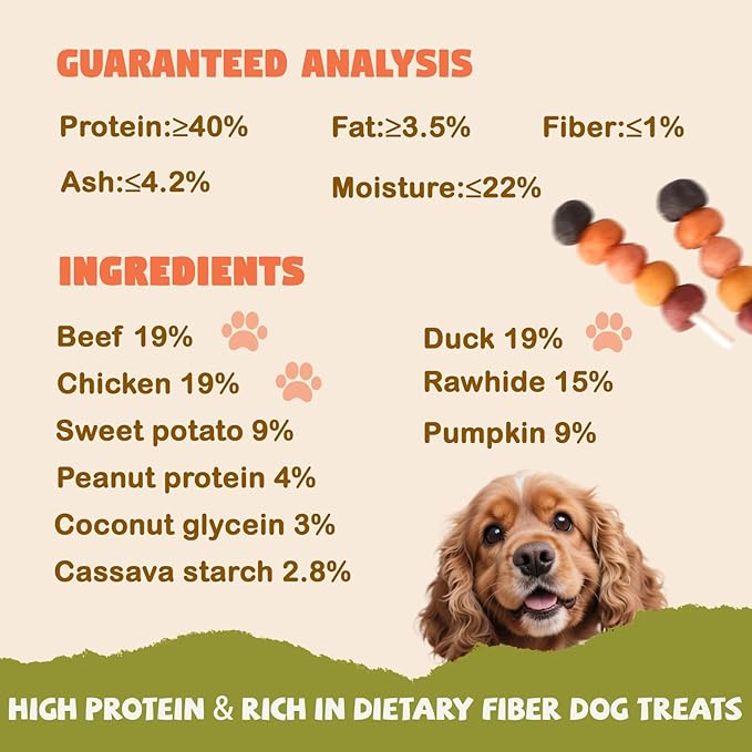 Kabobs Dog Treats, Multi-Flavor Rawhide Dog Chew Sticks Made with Chicken, Duck, Beef, Sweet Potato and Pumpkin, Long Lasting Rewards & Training Treats for Small Medium Large Dogs, 10.58 oz