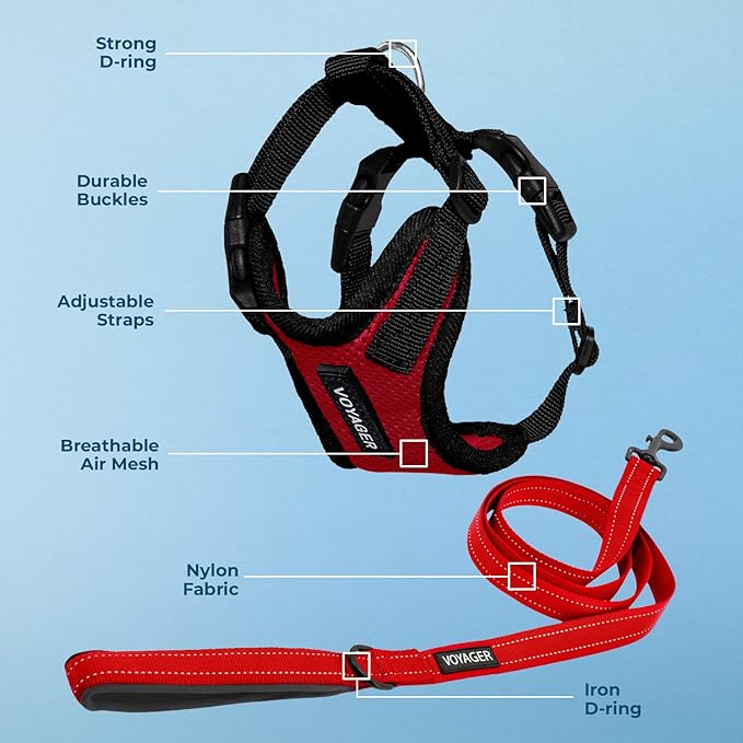 Best Pet Supplies Voyager Step-in Lock Pet Harness w Reflective Pet Leash Combo Set with Neoprene Handle 5ft - Supports Small, Medium and Large Breed Puppies/Cats - Red/Black Trim, XL