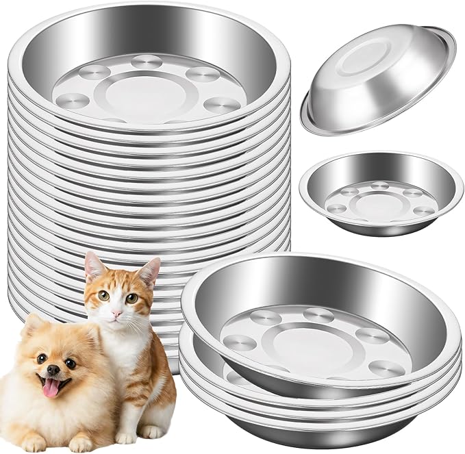 24 Pcs Stainless Steel Cat Bowls Shallow Cat Food Bowls, Shallow Metal Pet Dishes, Replacement Whisker Relief Cats Water Dish, for Elevated Stand, Dishwasher Safe, 5.4 Inch