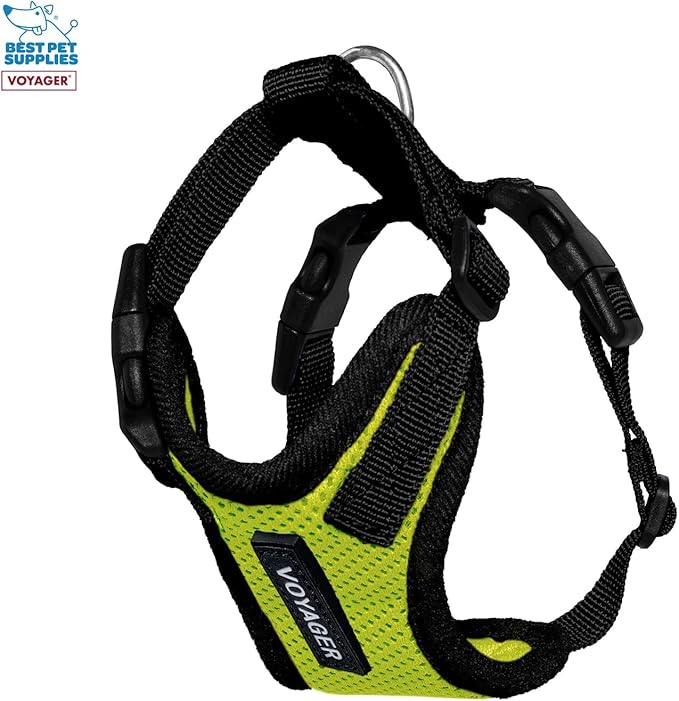Best Pet Supplies Voyager Step-in Lock Pet Harness w Reflective Pet Leash Combo Set with Neoprene Handle 5ft - Supports Small, Medium and Large Breed Puppies/Cats - Lime Green/Black Trim, XXS