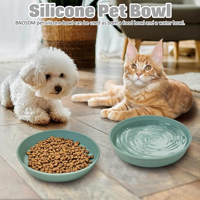 BNOSDM Silicone Cat Food Plate 2 Pack Shallow Dog Bowl Flat Puppy Feeding Dish for Small Dogs and Cats Whisker Fatigue Pet Plates for Dry and Wet Food (Green)