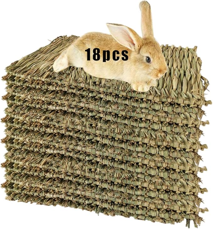 Hamiledyi Rabbit Grass Mat Bunny Natural Straw Woven Bed Small Animal Cages Hay Mat Sleeping Chewing Nesting and Toys for Guinea Pig Chinchilla Squirrel Hamster Cat Dog (18pcs Rabbit Grass Mat)
