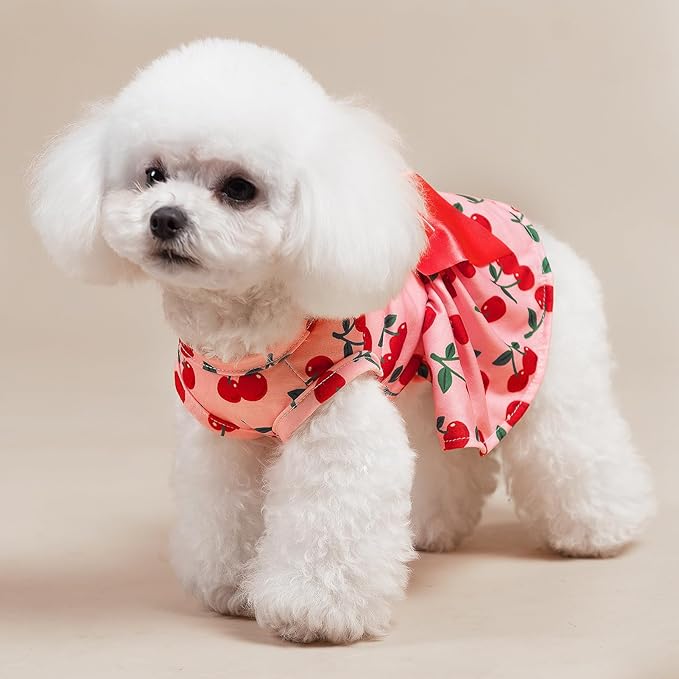 PUPTECK Print Dog Dress Pet Apparel with Cute Bowtie Puppy Clothes Outfit, Cherry, M