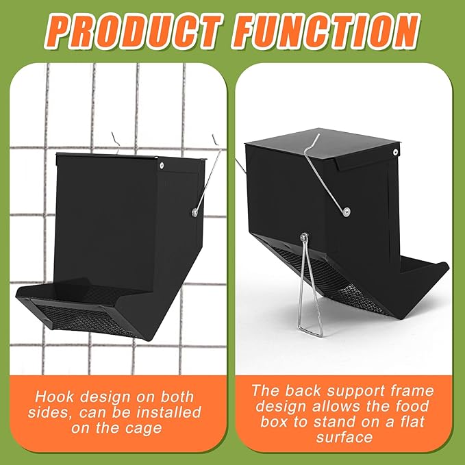 Maxcheck 2 Pcs Rabbit Feeder for Cages Small Animal Food Pellet Dispenser with Lid Metal Chicken Grit Oyster Shell Squirrel Feeders Outside(4.7 Inches,Mesh Bottom,Black)
