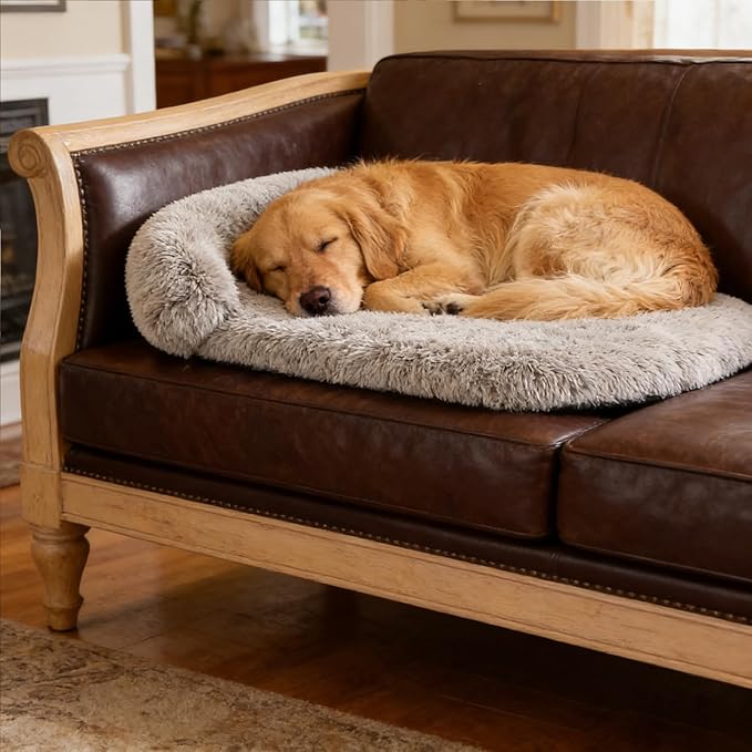 Calming Dog Beds for Medium Large Dogs, Orthopedic Cushion Plush Dogs Lounge Sofa with Washable Removable Cover, Anti-Anxiety Soft Faux Fur Fits up to 40 lbs Pets (Oval, Marble Grey 32"x24")