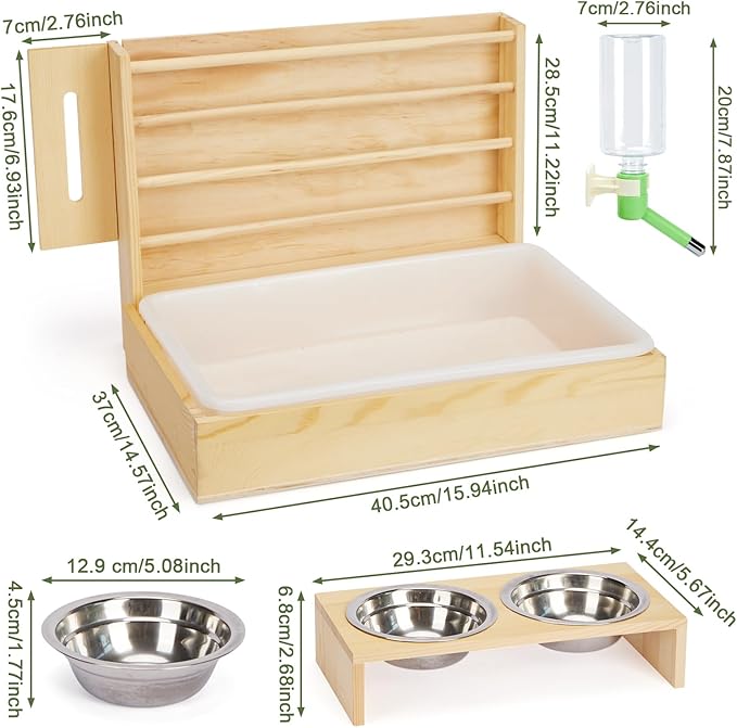 4 in 1 Rabbit Hay Feeder with Litter Box, Small Animals Hay Rack with Water Bottle, and 2 Bowls, Wooden Bunny Hay Holder Feeder Toilet Combo for Rabbit, Guinea Pig, Hamster, Hedgehog, Chinchillas
