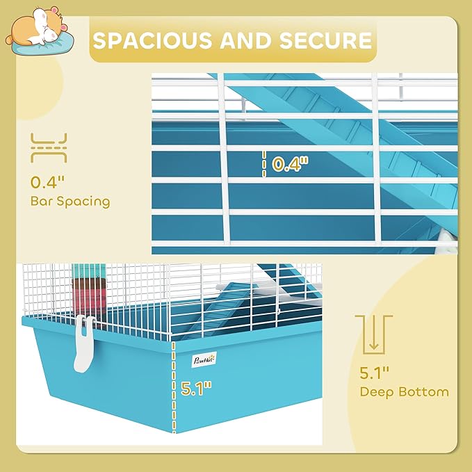 PawHut 4 Tier Hamster Cage, Large Twin Tower Design Gebril Cage with Exercise Wheel, Tubes, Hut, Ramps, Food Dish, Water Bottle, 22.8" x 14.2" x 25.6", Light Blue