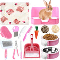 Reallnaive 15 Pcs Rabbit Starter Kit Small Rabbit Litter Box Girls Gift Animal Grooming Kit Bunny Toys Bowl Blankets with Cleaning Set for Guinea Pig Accessories(Pink)
