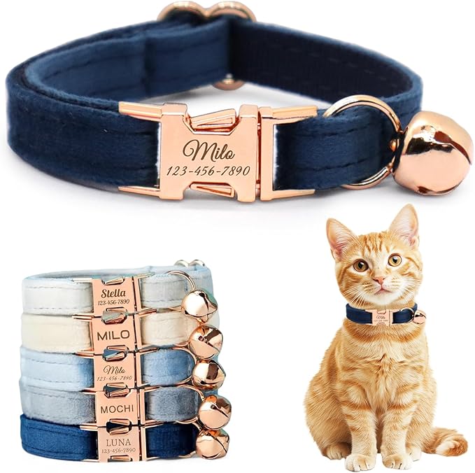 Personalized Non-Breakaway Cat Collar with Name, Luxury Soft Velvet Custom Engraved Name Collar with Bell for Kittens & Cats (Midnight Blue, L (7.5-12.5 inches))