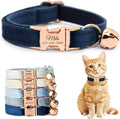 Personalized Non-Breakaway Cat Collar with Name, Luxury Soft Velvet Custom Engraved Name Collar with Bell for Kittens & Cats (Midnight Blue, L (7.5-12.5 inches))