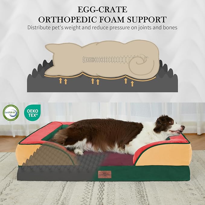 Comfort Expression Orthopedic Dog Bed for Extra Large Dogs 42x30 Inch, Waterproof Egg Crate Foam XL Pet Bed with Removable Bolsters, Dog Couch with Washable Cover & Non-Slip Bottom, Watermelon Meadow