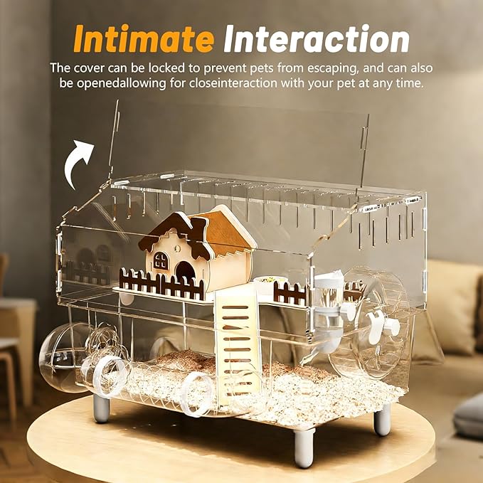 9-in-1 Acrylic Hamster Cage - Clear Pet Cage with 360° Transparent Viewing, Double Layer Chew-Proof Mice Enclosure with Crawling tunnel for Dwarf Syrian Gerbils, 18*13*12in (Wooden Cottage)
