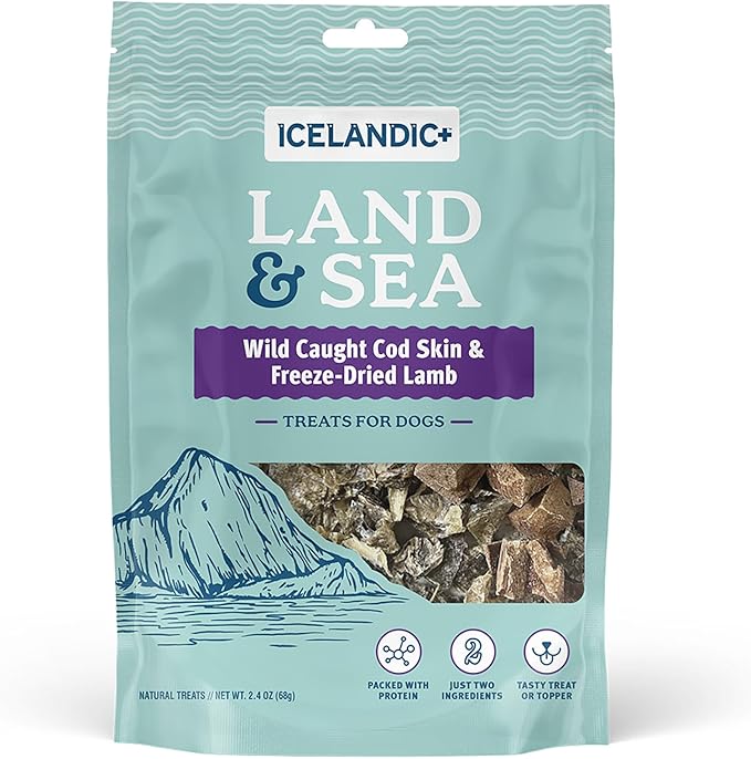 Icelandic+ Land & Sea Wild Caught Cod Skin & Freeze-Dried Lamb - 2.4oz Bag, Dog Treat & Food Topper, 2 Ingredients, No Preservatives, All Natural