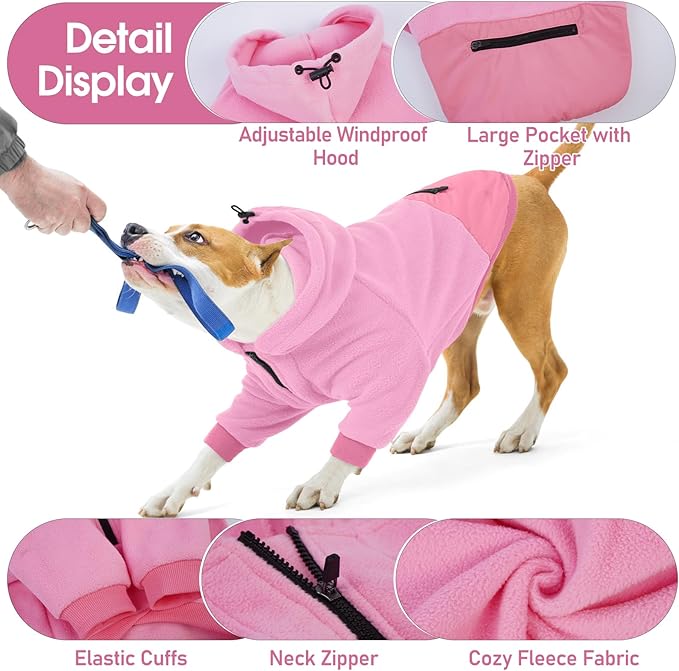 Nanaki Large Dog Hoodie with Pocket-Long Sleeves Fleece Sweater Adjustable Half-Zipperd Collar-Comfort Stretchy Dog Sweatshirt Hooded for Beagle, Warm Pullover Jacket Fall Winter Coat Pink, L