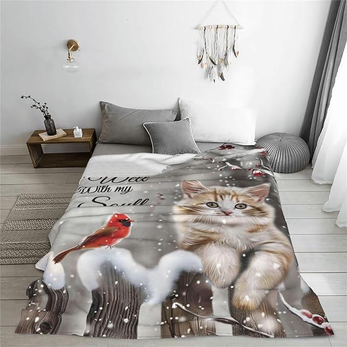 Cardinal Cat Blanket Christmas Decor Throw Blankets Cozy Fleece Flannel Soft Warm Plush Lightweight Bedding Blanket Cat Gifts for Women Cats Lover Men Adults Girls Boys for Couch Sofa Bed 60"X80"