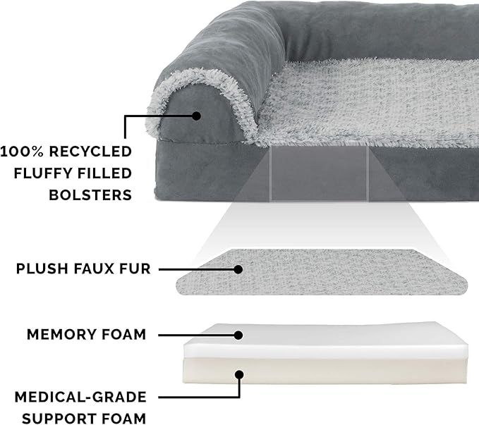Furhaven Memory Foam Dog Bed for Large/Medium Dogs w/ Removable Bolsters & Washable Cover, For Dogs Up to 55 lbs - Two-Tone Plush Faux Fur & Suede L Shaped Chaise - Stone Gray, Large