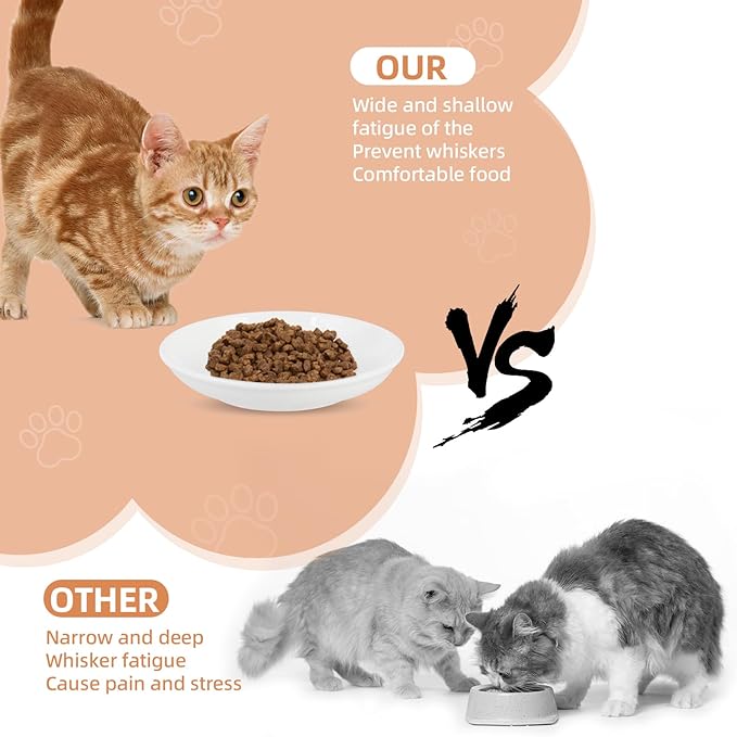 6 Pack Cat Food Bowl, Ceramic Cat Bowls, Anti Whisker Fatigue Cats Bowl Set,5.5 Inches Shallow Wide Kitten Plates for Food and Water (White-E)
