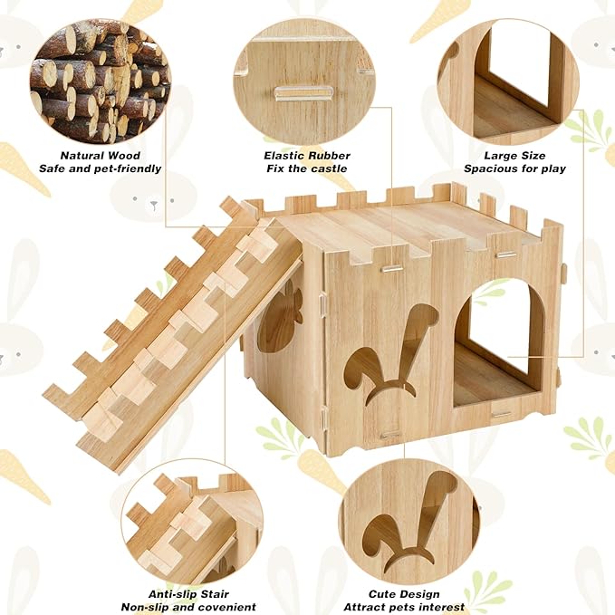 YUEPET Large Wooden Rabbit Castle with Ramp, Rabbit Pig Hideout Detachable Bunny House Indoor Small Animal Houses & Habitats for Adult Bunny Guinea Pig Chinchilla Hide Rest Play