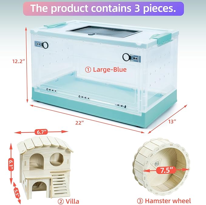 Hamsters Cage Large, Foldable Portable 360° Viewing Ventilated Cages with Villas, Exercise Wheels, for Hamsters, Rats, Dwarf Hamsters, Gerbils, Guinea Pigs (Blue, Large(22" L x 13" W x 12" H))