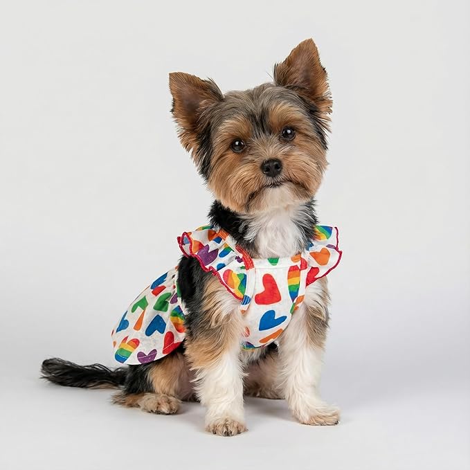 Fitwarm Colorful Heart Dog Dress, Summer Clothes for Small Dogs Girl, Cute Pet Rainbow Outfit, Red, Yellow, Blue, Green, White, XXS